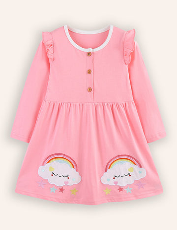 Clouds Rainbow Applique Long Sleeve Dress